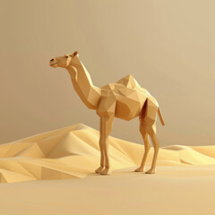 A solitary low poly camel stands elegantly in a minimalist desert landscape, rendered in warm tones.