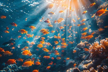 Fototapeta na wymiar Creating an underwater scene with technology: Sun rays through coral reef in the ocean. Concept Underwater Scenes, Sun Rays, Coral Reef, Ocean Exploration, Technology Integration