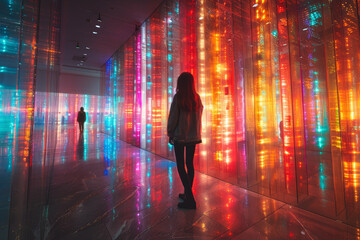 A mesmerizing light installation transforming ordinary spaces into immersive environments of color and wonder. Concept of light-based creativity. Generative Ai.