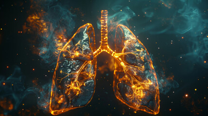Artistic depiction of human respiratory system with glowing elements surrounded by smoke, symbolizing health effects of air pollution. - obrazy, fototapety, plakaty