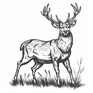 A detailed monochrome illustration of a majestic stag in a grassy field, vintage style.