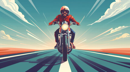 Stylized vector illustration of a cheerful motorcyclist riding on an open road, with a dynamic retro background.
