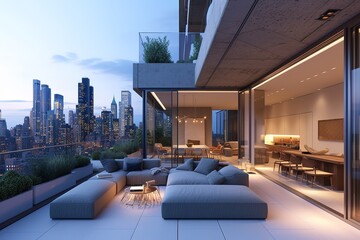 Contemporary urban rooftop terrace with city views and sleek furnishings - obrazy, fototapety, plakaty