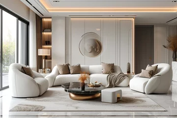 Fototapeten Highend modern chic style white living room with glamorous accents and luxe fabrics, © Parvez