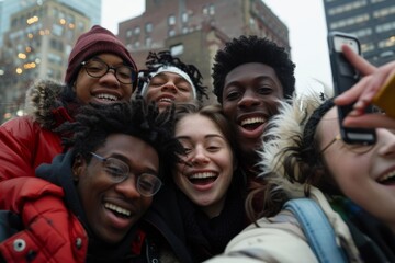 Multiracial group of collage friends taking big group selfie shot smiling at camera - Laughing young people standing outdoor and having fun - Cheerful students portrait outside school