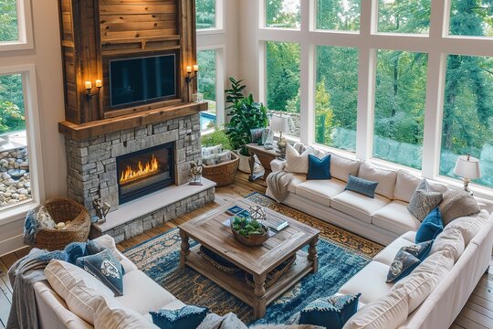 High Angle View Of Living Room With Comfortable Sofas And Coffee Table Arranged In Front Of Fireplace And Next To Large Window