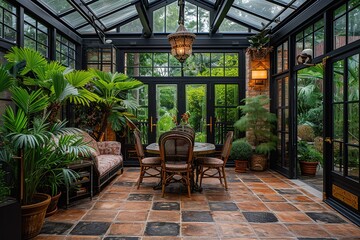 Traditional English conservatory with wrought iron furniture and lush greenery - obrazy, fototapety, plakaty