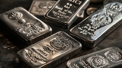 Multiple imperfect stacks of 100g Medici platinum bullions are displayed, bars polished and embossed with 