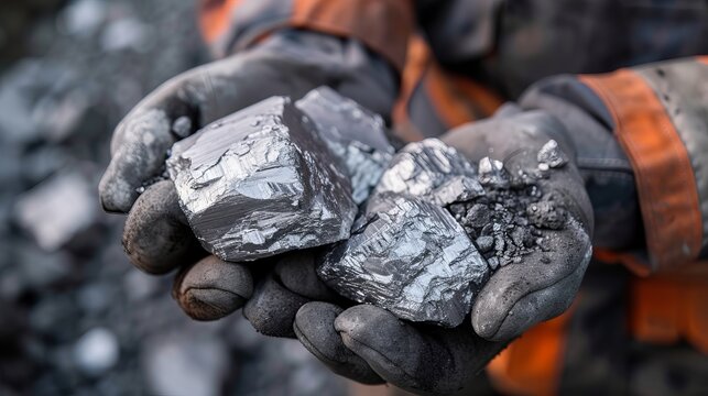 Miners are depicted holding platinum or silver or rare earth minerals found in a mine for inspection, emphasizing the discovery and evaluation process in mining
