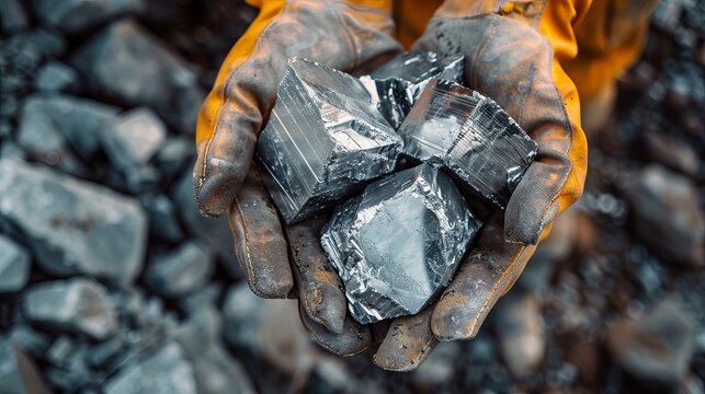 Miners are depicted holding platinum or silver or rare earth minerals found in a mine for inspection, emphasizing the discovery and evaluation process in mining