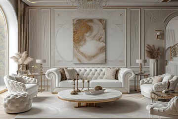 Indian Regency-style white living room with glamorous accents and luxe fabrics - obrazy, fototapety, plakaty