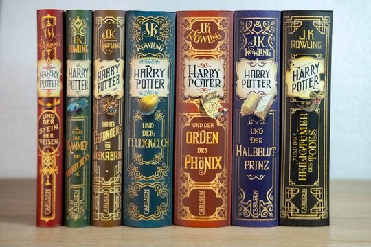 J.K. Rowling's Harry Potter books in various editions, evoking sense wonder and excitement for readers all ages, and celebrating power imagination and storytelling, Frankfurt - December 22, 2023