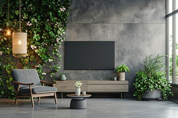 Cabinet TV in modern living room with armchair,lamp,table,flower and plant on concrete wall background