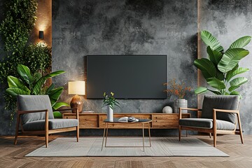Cabinet TV in modern living room with armchair