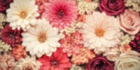 Blurred flowers background, red and white chrysanthemum flowers with copy space for text, Summer and spring concept background 