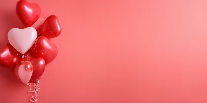 Red and white heart shaped balloons on a red background, Valentine's Day, Easter, Birthday, Happy Women's Day, Mother's Day. Flat lay, top view, copy space