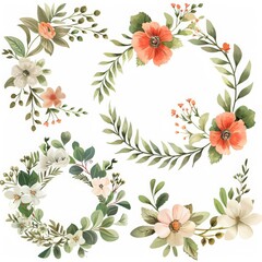 A set of beautifully detailed floral wreath illustrations featuring a variety of green leaves and delicate flowers.