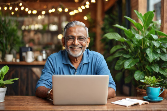 Portrait of smiling bearded senior Indian man with eyeglasses and gray hair using laptop on table at coffe shop, looking at camera. Indian businessman, entrepreneur or student taking online course