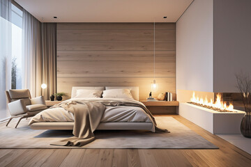 Bedroom with Fireplace and Modern Style Interior in a Minimalist House, Soft Smooth Light from the Side