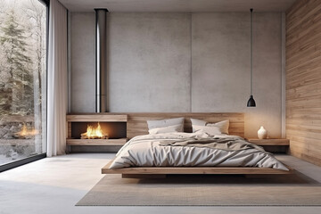 Bedroom with Fireplace and Modern Style Interior in a Minimalist House, Soft Smooth Light from the Side