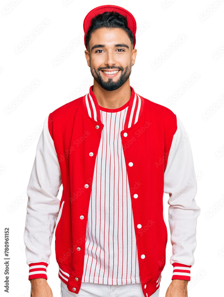 Canvas Prints young man with beard wearing baseball uniform with a happy and cool smile on face. lucky person.