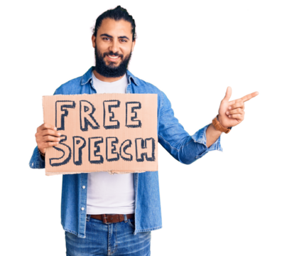 Young arab man holding free speech banner smiling happy pointing with hand and finger to the side