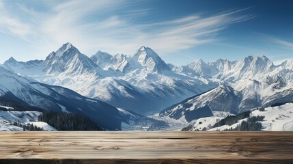 Polished wooden surface against the background of large snow-capped mountains. Product demonstration. Generative AI