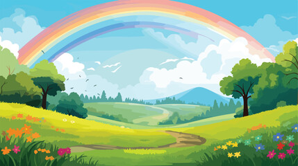 Cartoon rainbow background with grass 2d flat carto