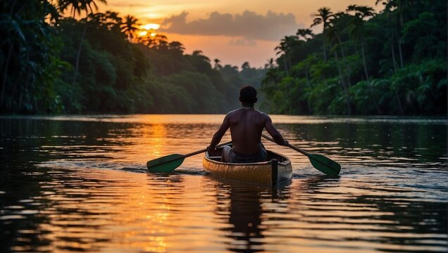 Ribeirinhos navegando em uma canoa, em um rio tributário do Rio Amazonas, Brasil