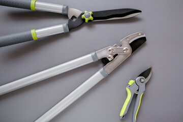 Steel Garden tool set on gray background.Secateurs, loppers and hedge trimmers.Garden equipment and...