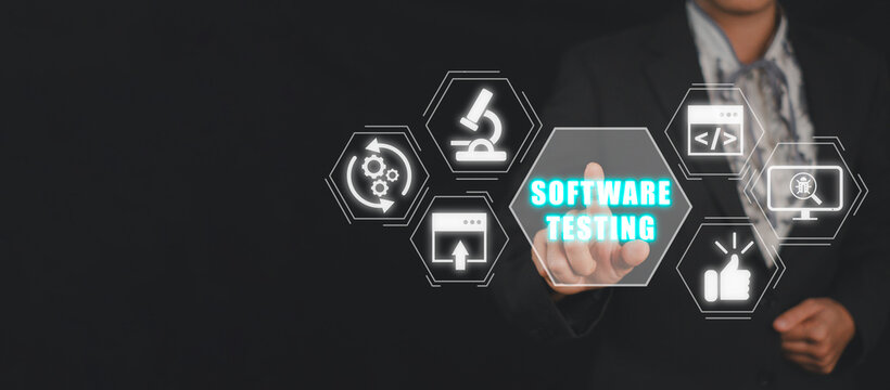 Software testing concept, Businesswoman hand touching software testing icon on virtual screen.