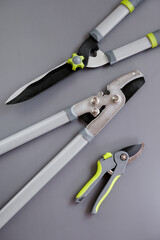 Tools for pruning plants.Steel Garden tool set on gray background.Secateurs, loppers and hedge...
