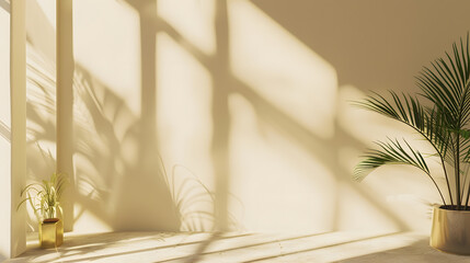Room with potted plant, window shadow of palm tree on wall