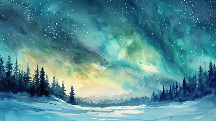 Northern Lights Over Winter Mountain Landscape - obrazy, fototapety, plakaty