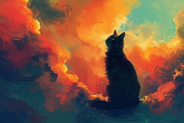 A cartoon cat looks up at vibrant purple clouds in a digital painting.
