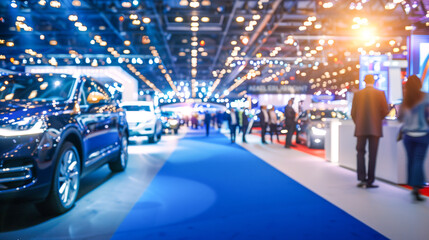 Contemporary vehicle display in a blurry exhibition hall, automotive showcase.