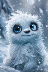 Obraz premium The cute little yeti with its enigmatic stare watches as snowflakes twirl around, mesmerizing all with its captivating eyes.