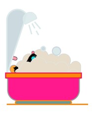 A cartoon drawing of a bathroom with a person in a pink bathtub.
