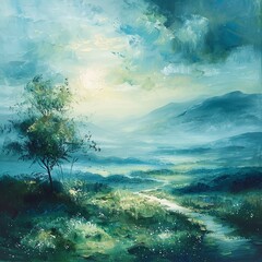 Fototapeta na wymiar An atmospheric landscape painting emphasizing the mood and ambiance.