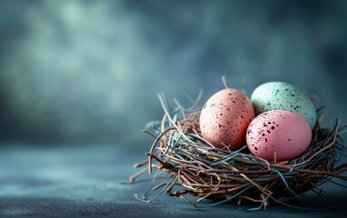 Obraz premium Soft pastel colored Easter eggs nestled in a nest, contrasting with a dark and mysterious background.