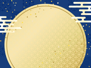 和柄の青や紺の背景と和風の金の盆や月
