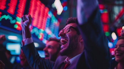 Investors cheer joyously after closing a profitable deal.