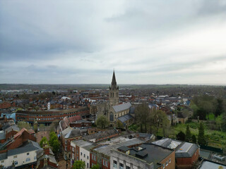 Fototapeta na wymiar Aerial Footage of Central Rugby City of England During Cloudy and Windy Evening. Great Britain