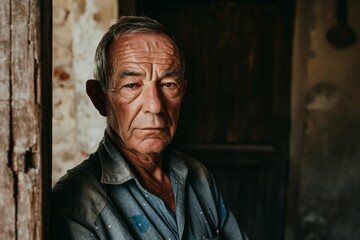 Portrait of an old man in the doorway of an old house - Powered by Adobe