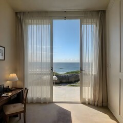 8k view of an ocean through a set of open hotel room doors, elegant drapery, breathtaking views, luxury room
