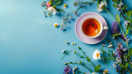 Top view of a cup of tea adorned with fresh flowers, placed on a blue background. The image offers ample copy space. - obrazy, fototapety, plakaty