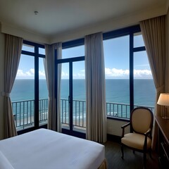 8k view of an ocean through a set of open hotel room doors, elegant drapery, breathtaking views, luxury room