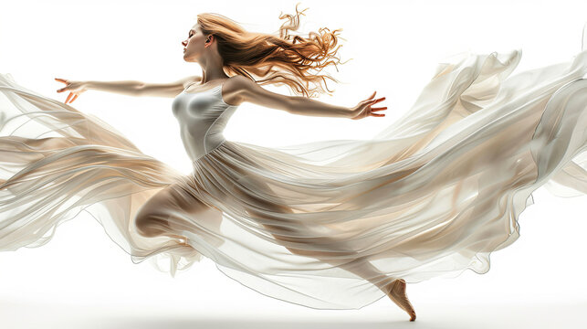 A photorealistic image of a man dancing on a white background is highlighted in this artwork.