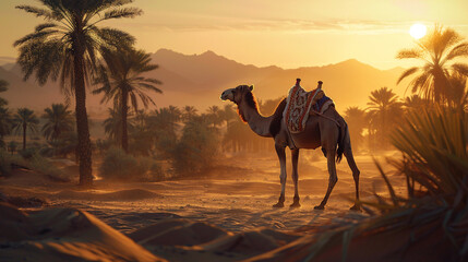 camel on the desert at sunset , sand land, beautiful sunset sky over desert - obrazy, fototapety, plakaty