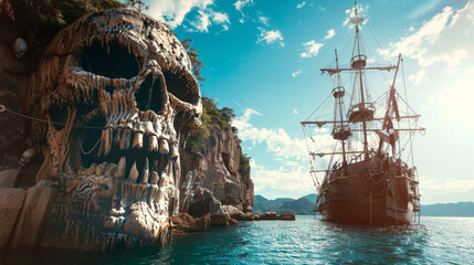 rock skull island and pirate ship in the sea , blue sky on sea ,concept art